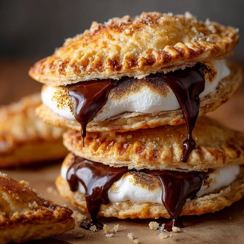 A stack of irresistible s'mores hand pies with chocolate drizzled on top.