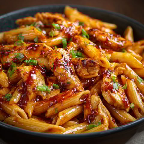 A bowl of delicious One-Pan Tangy Honey BBQ Chicken Penne.