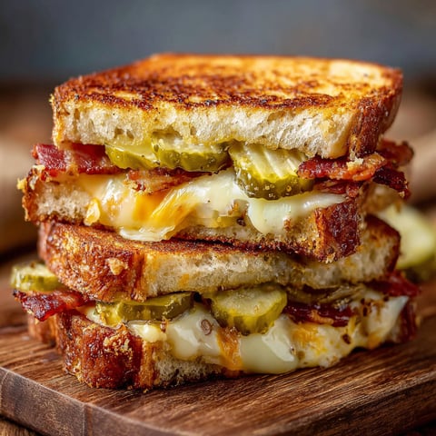 A stack of three grilled cheese sandwiches with pickles and bacon.