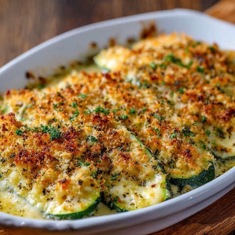 A delicious Baked Zucchini Cheese dish is presented in a white bowl.