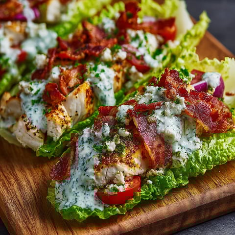 A delicious chicken bacon ranch lettuce boat is served on a wooden platter.