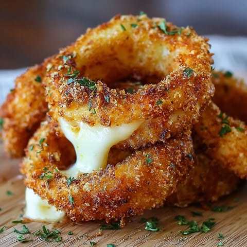 A delicious cheesy stuffed mozzarella onion ring is displayed on a wooden cutting board.