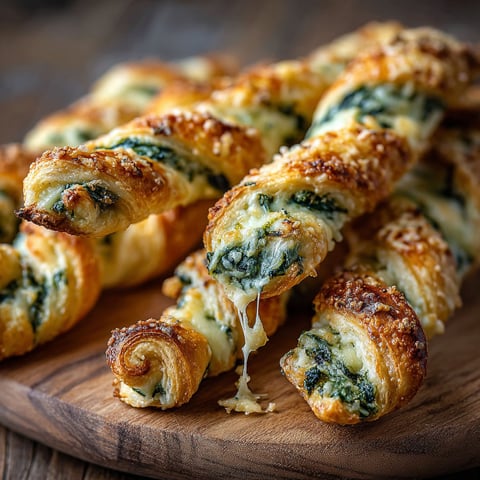 A wooden cutting board with a plate of Parmesan and Spinach Cheese Twists.