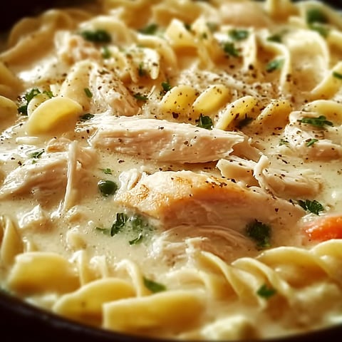 A delicious Creamy Chicken & Noodles dish, filled with chicken, noodles, and a variety of vegetables, is ready to be enjoyed.