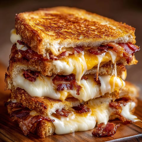 A stack of three grilled cheese sandwiches with bacon on top.