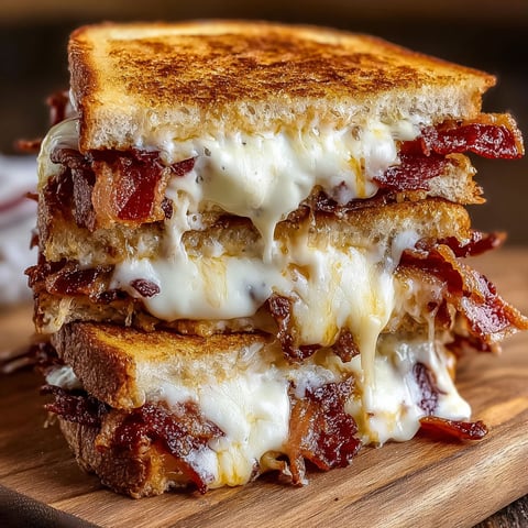 A delicious  Cheese Bacon Ranch Melt sandwich is stacked on a wooden cutting board.