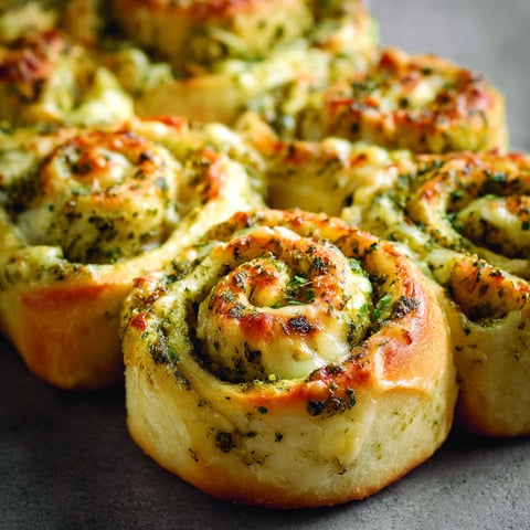 A delicious looking cheesy pesto roll is displayed on a table.