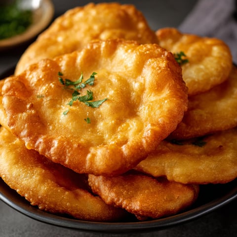 A plate of golden brown fried bread, also known as Traditional Indian Fry Bread, is served on a dining table.