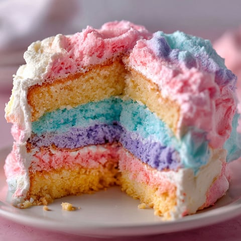 A slice of a rainbow cake with white frosting.