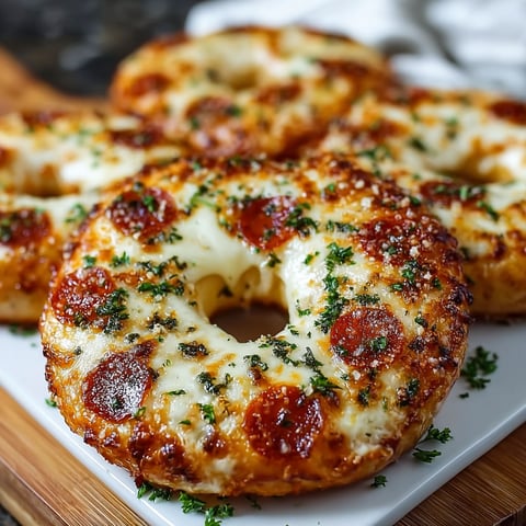 A delicious homemade air fryer pizza bagel with cheese and pepperoni toppings.