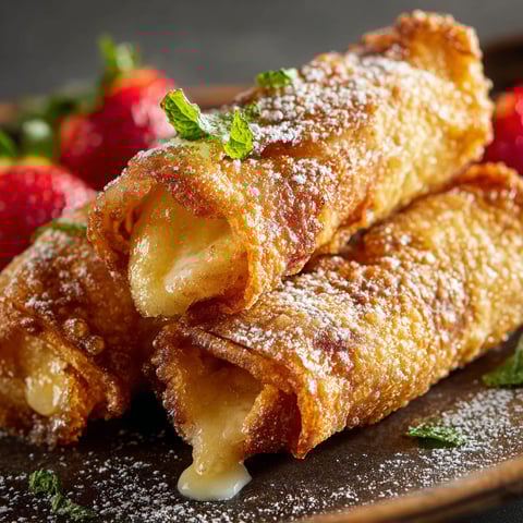 A delicious dessert made from cheesecake and egg roll wrappers, topped with powdered sugar and strawberries.