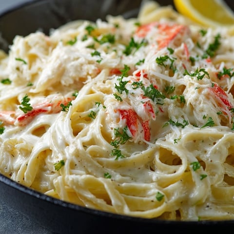 A delicious Crab Fettuccine Alfredo dish is served in a black bowl.