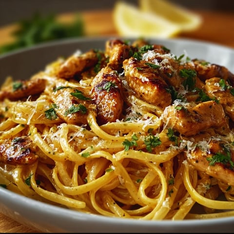 A delicious Creamy Chicken Linguine dish, with chicken, pasta, and cheese, is served on a plate.