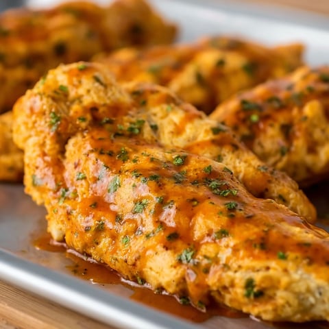 A plate of Buffalo Ranch Baked Chicken Strips is ready to be served.
