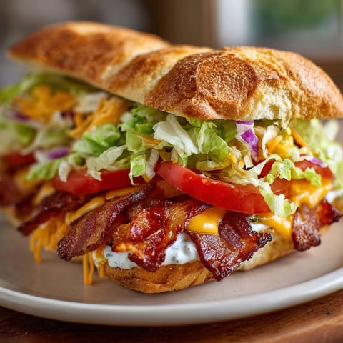 A BBQ Bacon Ranch BLT Sandwich is displayed on a plate.