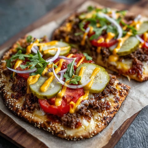 A delicious cheeseburger flatbread with tomatoes and onions on top.