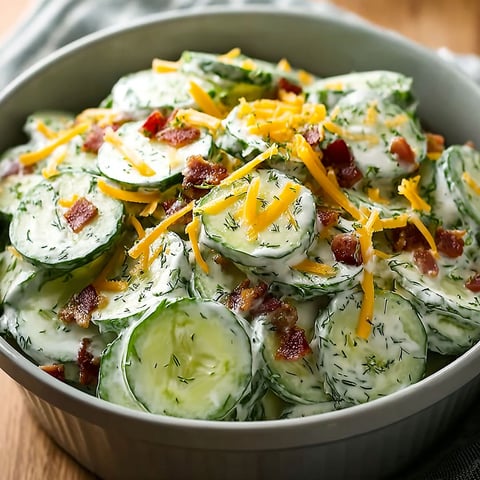 A bowl of cucumber salad with bacon bits on top.