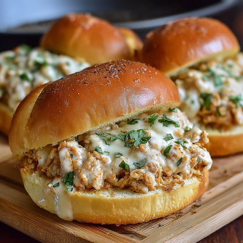Two chicken Alfredo sloppy joe sandwiches on a wooden cutting board.
