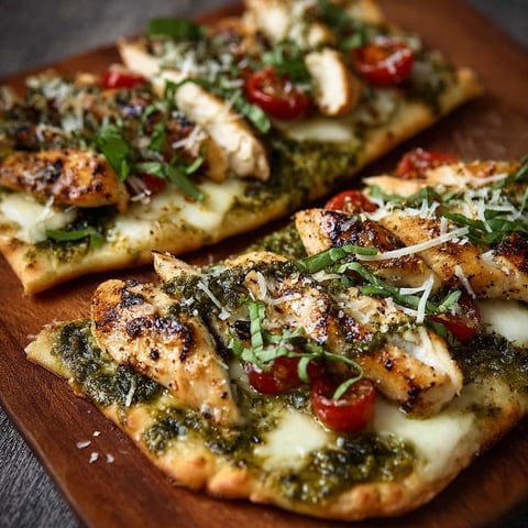 A delicious Pesto Chicken Flatbread with cheese and tomatoes.