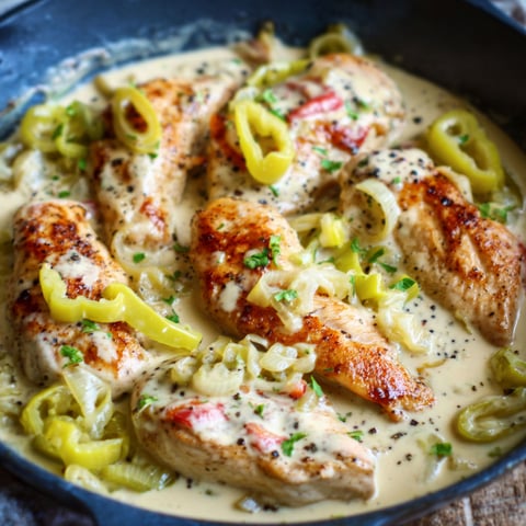 A delicious Creamy Pepperoncini Chicken Skillet is ready to be served.