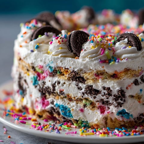 A delicious looking No-Bake Funfetti Oreo Icebox Cake Recipe is displayed on a plate.