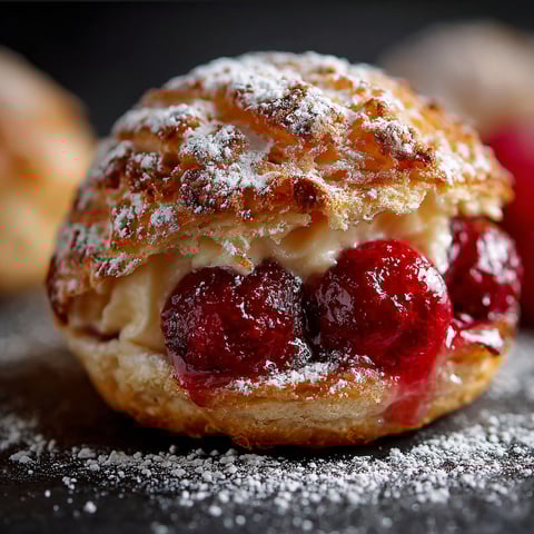 A close up of a delicious cherry pie bomb with a generous amount of powdered sugar on top.