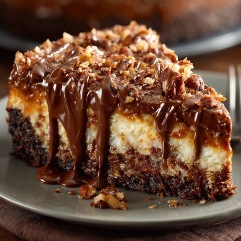 A slice of German Chocolate Cheesecake with chocolate drizzle on a plate.