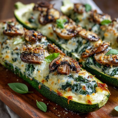 A delicious spinach mushroom ricotta zucchini dish is served on a wooden platter.