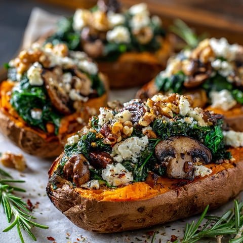 Three stuffed sweet potatoes with spinach and feta cheese on a table.