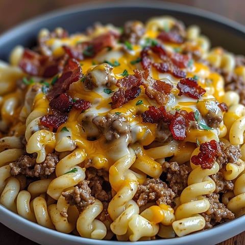 A bowl of Loaded Bacon Cheeseburger Pasta with a generous amount of cheese and bacon.