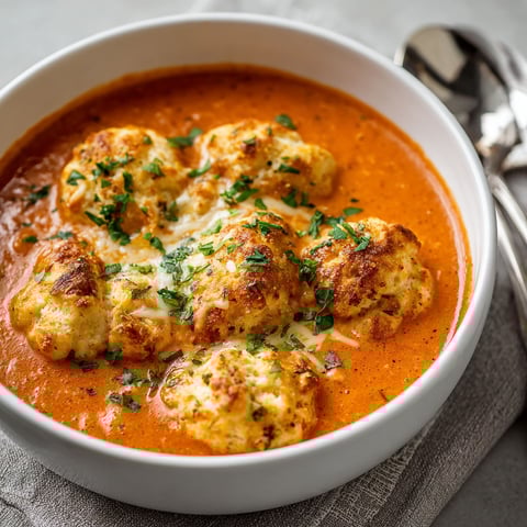 A bowl of tomato soup with cheddar cheese and herbs.
