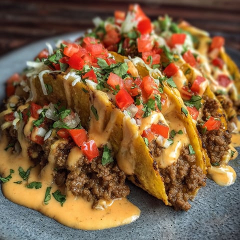 A plate of loaded tacos with a creamy cheese sauce.