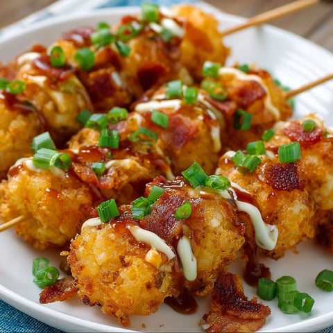 A plate of Loaded Tater Tot Skewers with bacon and cheese.