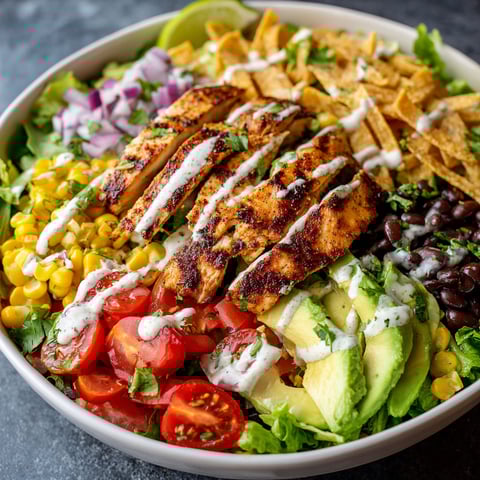 A bowl of Spicy Southwest Salad with chicken, tomatoes, avocado, and tortilla chips.