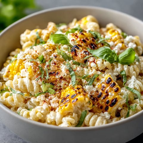 A bowl of creamy street corn pasta salad with corn, cheese, and herbs.