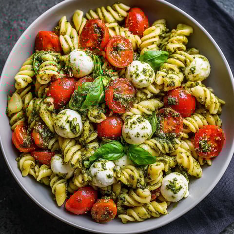 A bowl of Pesto Caprese Pasta Salad is filled with pasta, tomatoes, and spinach.