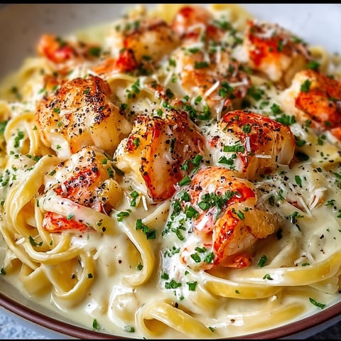 A delicious lobster Alfredo  pasta dish, topped with shrimp and cheese.