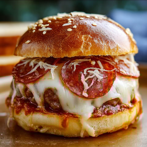A delicious pizza burger with melted cheese and pepperoni.