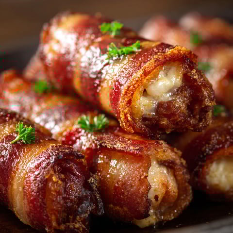 A close up of  bacon wrapped around a piece of cheese, ready to be cooked.