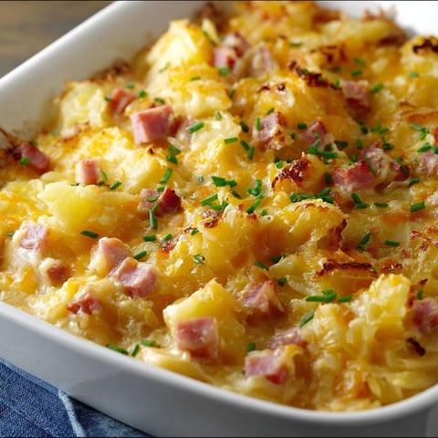 A delicious cheesy ham and potato casserole in a white dish.