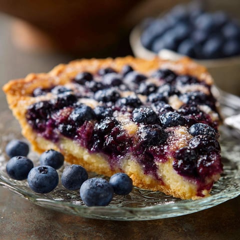 A slice of crustless blueberry pie on a glass plate.