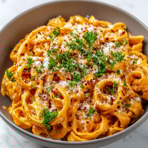A bowl of Creamy Gochujang Pasta with a generous amount of Parmesan cheese and herbs.