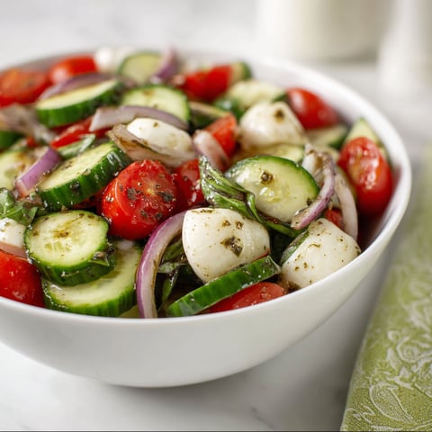 A bowl of fresh cucumber caprese salad with tomatoes, onions, and cheese.
