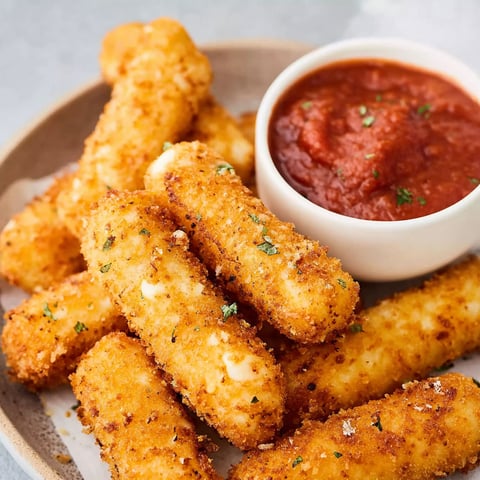 A plate of homemade mozzarella sticks with marinara sauce.