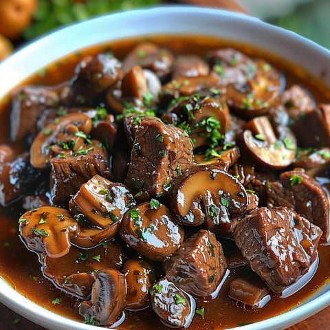 A bowl of beef tips with mushrooms, served with a side of greens.