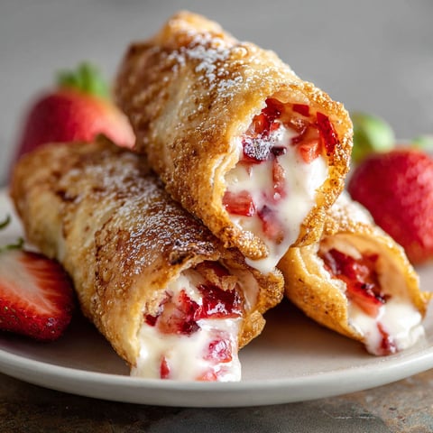 A plate of Strawberry Cheesecake Egg Rolls is displayed, with the pastry rolls filled with a creamy cheesecake filling and topped with fresh strawberries.