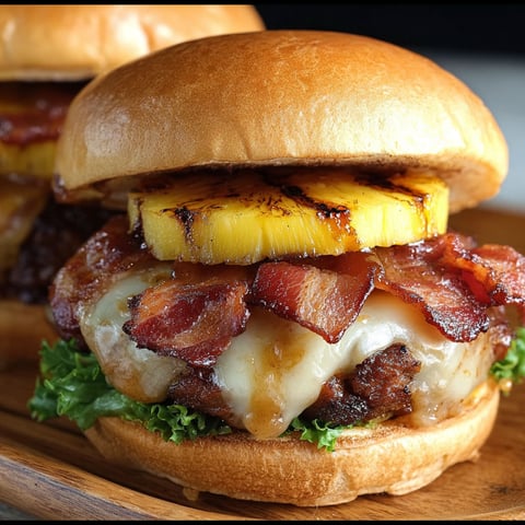 A delicious Pineapple Bacon Burger   is served on a wooden table.