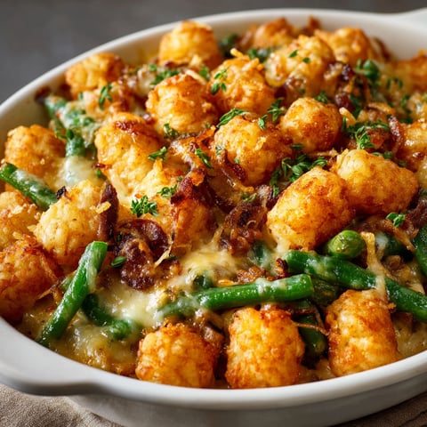 A delicious green bean casserole with tater tots.