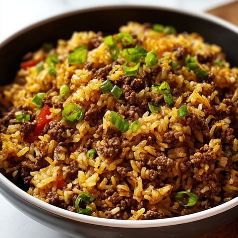 A bowl of Savory Beef Dirty Rice is served on a table.
