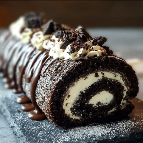 A delicious Oreo  Chocolate Roll is displayed on a table.